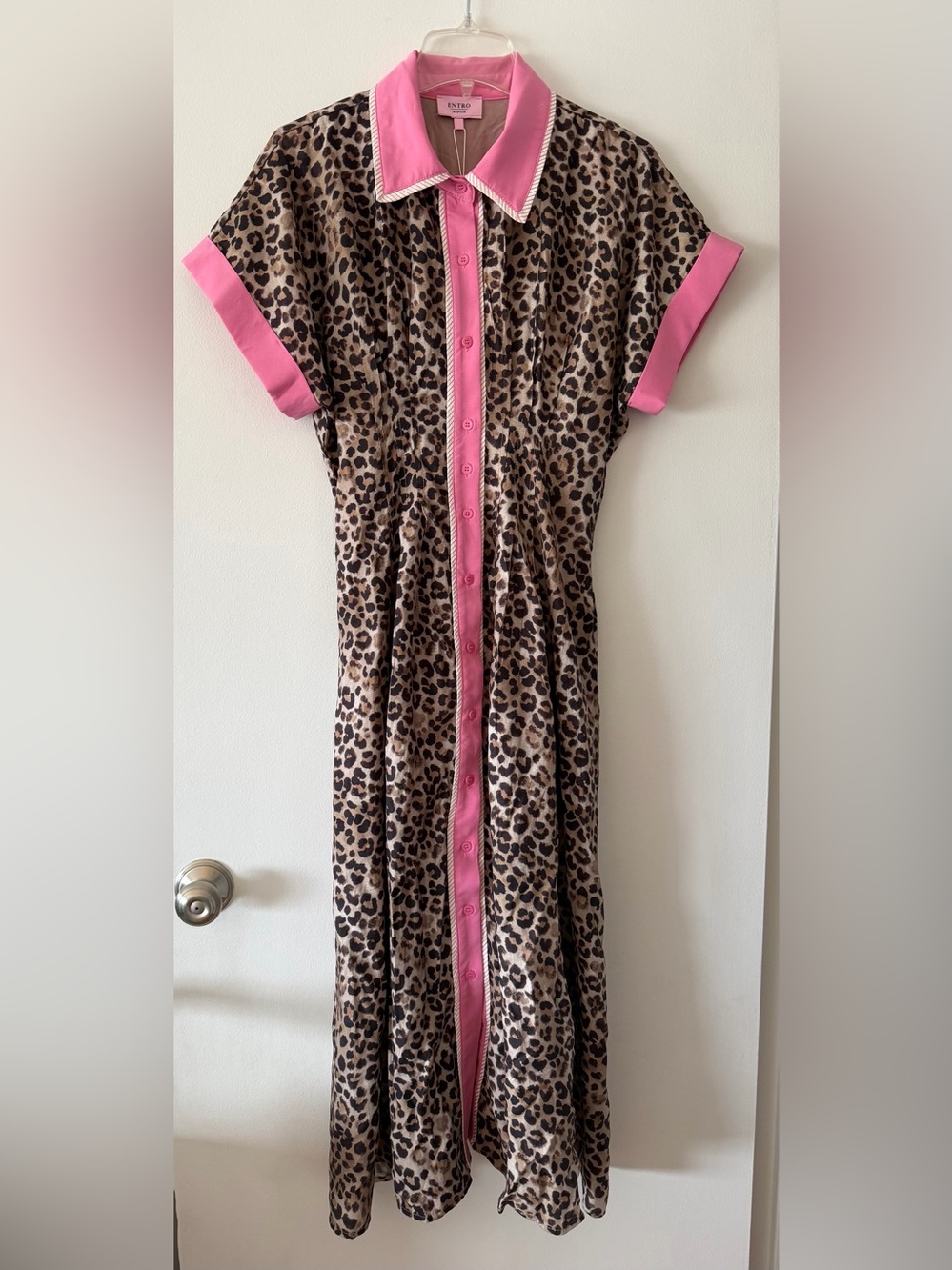 ENTRO Leopard Print Shirt Dress Pink Trim Midi Cottagecore size Medium NWT